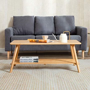 Foldable Bamboo Coffee Table with Storage Shelf Mid Century Design