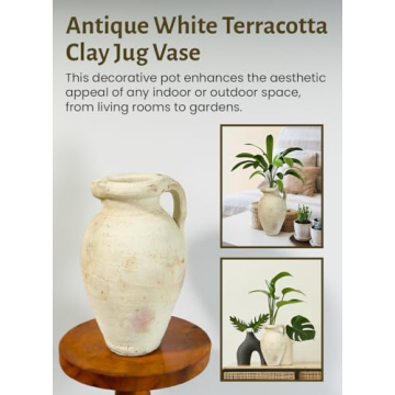 Antique White Terracotta Clay Jug Vase with Handle