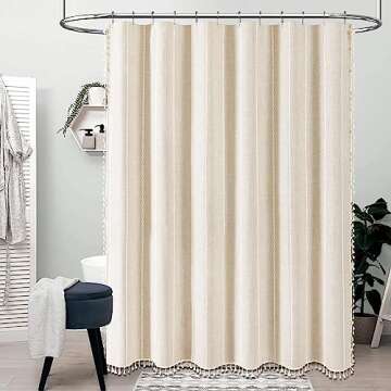 BTTN Extra Long Shower Curtain - 72x84 Long Boho Chic Striped Tassel Linen Fabric Shower Curtain Set...