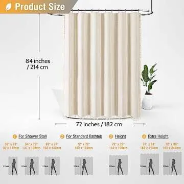BTTN Extra Long Shower Curtain - 72x84 Long Boho Chic Striped Tassel Linen Fabric Shower Curtain Set with Hooks, Tall Modern Farmhouse Cute Heavy Duty Cloth Shower Curtains for Bathroom - Cream/Beige