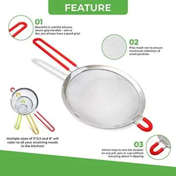 K BASIX Set of 3 Fine Mesh Strainer for Kitchen with Silicone Handle - Sieve Fine Mesh Stainless Steel Strainer, Sieve for Quinoa, Flour, Filter, Rinse, Strain Pasta, Noodles, Fine Mesh Seive