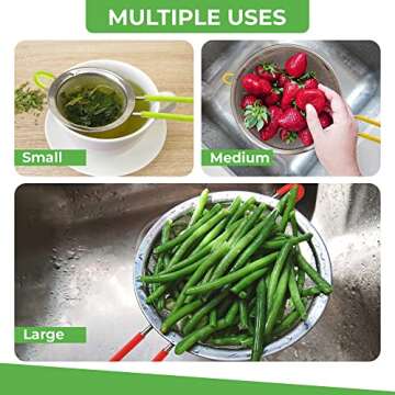 K BASIX Set of 3 Fine Mesh Strainer for Kitchen with Silicone Handle - Sieve Fine Mesh Stainless Steel Strainer, Sieve for Quinoa, Flour, Filter, Rinse, Strain Pasta, Noodles, Fine Mesh Seive