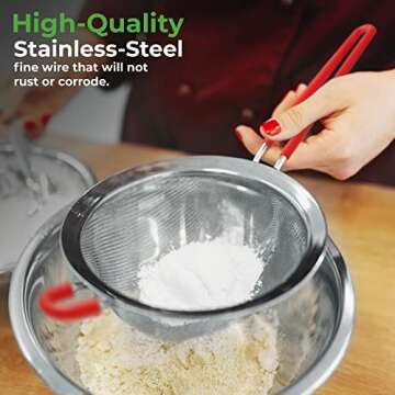 K BASIX Set of 3 Fine Mesh Strainer for Kitchen with Silicone Handle - Sieve Fine Mesh Stainless Steel Strainer, Sieve for Quinoa, Flour, Filter, Rinse, Strain Pasta, Noodles, Fine Mesh Seive