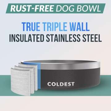 Coldest Dog Bowl - Anti Rust Metal & Non Slip Dog Bowls Large, Spill Proof Heavy Duty 3 Layers Insulated Dog Bowl - Food and Water Bowl for Dogs, Cats & Pets, Dishwasher Safe (42 oz, Stealth Black)