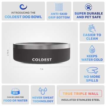 Coldest Dog Bowl - Anti Rust Metal & Non Slip Dog Bowls Large, Spill Proof Heavy Duty 3 Layers Insulated Dog Bowl - Food and Water Bowl for Dogs, Cats & Pets, Dishwasher Safe (42 oz, Stealth Black)