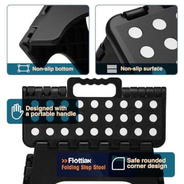 Flottian 9" Folding Step Stool for Adults and Kids Holds Up to 300 lbs,Non-Slip Folding Stools with Portable Handle, Compact Plastic Foldable Step Stool for Bathroom,Bedroom, Kitchen Black