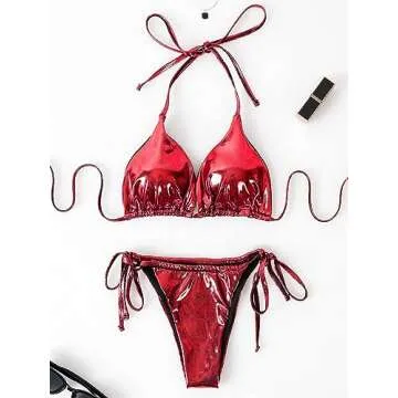 WDIRARA Women's 3 Piece Metallic Swimsuits Halter Triangle String Bikini Set with Beach Skirt Red XS
