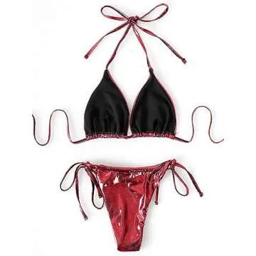 WDIRARA Women's 3 Piece Metallic Swimsuits Halter Triangle String Bikini Set with Beach Skirt Red XS