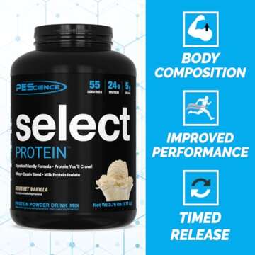 PEScience Select Protein Powder – Gourmet Vanilla, 55 Servings, Whey & Casein Blend for Muscle Growth & Recovery, Low Carb, Low Fat, Gluten-Free, 24g Protein Powder Per Serving, Great Tasting Flavors