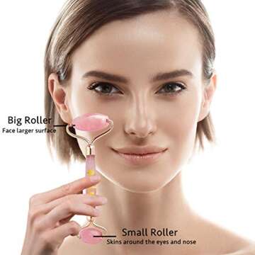 Jade Roller for Face 2 in 1 Gua Sha Tools Including Rose Quartz Roller and Jade Face Massager 100% Natural Jade Facial Roller Anti Aging Face Roller Massager (Rose)