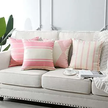 OTOSTAR Outdoor Waterproof Pillow Covers 18x18 Inch Geometry Decorative Throw Pillow Cases Square Modern Cushion Case Garden Throw Pillow Covers Pack of 4 Pillow Shell for Patio Furniture Couch (Pink)