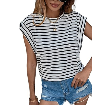 Floerns Women's Casual Stripe Cap Sleeve T-Shirt in Black White