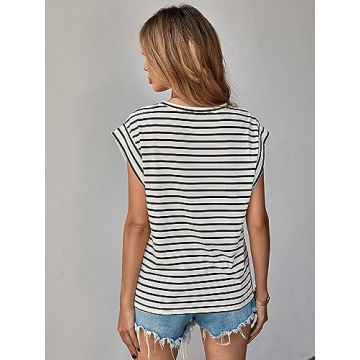 Floerns Women's Casual Stripe Cap Sleeve T-Shirt in Black White
