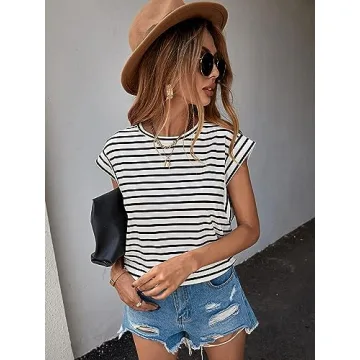 Floerns Women's Casual Stripe Cap Sleeve T-Shirt in Black White