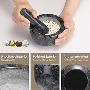Tera Marble Mortar and Pestle Set Small Bowl Solid Stone Grinder Spice Herb Grinder Pill Crusher (Black, Diameter 4.64")