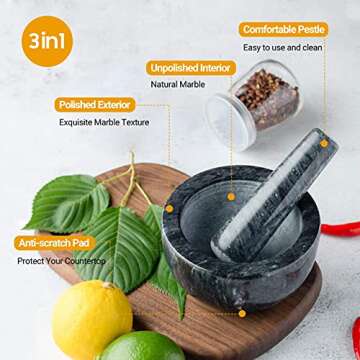 Tera Marble Mortar and Pestle Set Small Bowl Solid Stone Grinder Spice Herb Grinder Pill Crusher (Black, Diameter 4.64")