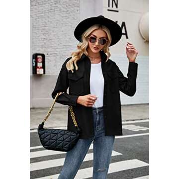 FERNGIRL Womens Button Front Faux PU Leather Jacket Shacket Casual Shirt Long Sleeve Blazer Coat with Bust Pocket