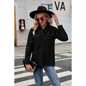 FERNGIRL Womens Button Front Faux PU Leather Jacket Shacket Casual Shirt Long Sleeve Blazer Coat with Bust Pocket