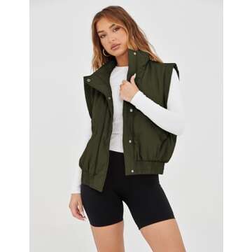 Lviefent Womens Puffer Vest Cropped Lightweight Button Down Quilted Vest Sleeveless Padded Gilet Coat with Pockets (ArmyGreen-M)