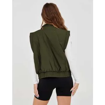 Lviefent Womens Puffer Vest Cropped Lightweight Button Down Quilted Vest Sleeveless Padded Gilet Coat with Pockets (ArmyGreen-M)