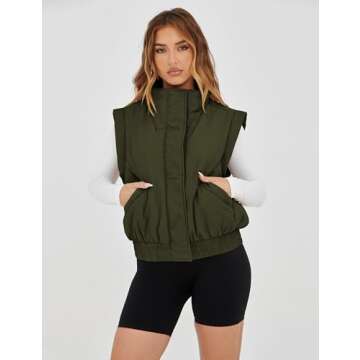 Lviefent Womens Puffer Vest Cropped Lightweight Button Down Quilted Vest Sleeveless Padded Gilet Coat with Pockets (ArmyGreen-M)