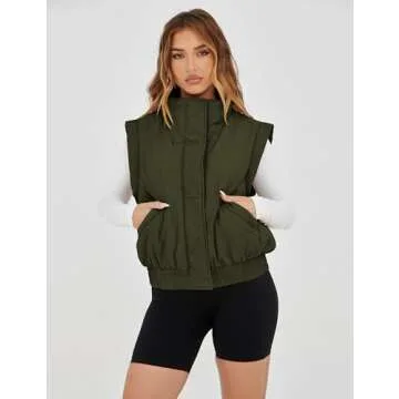 Lviefent Womens Puffer Vest Cropped Lightweight Button Down Quilted Vest Sleeveless Padded Gilet Coat with Pockets (ArmyGreen-M)