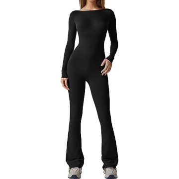 QINSEN Women's Sexy Black Jumpsuit with Flared Bottom & Open Back