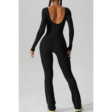 QINSEN Women's Black Jumpsuit Flared Bottom Open Back