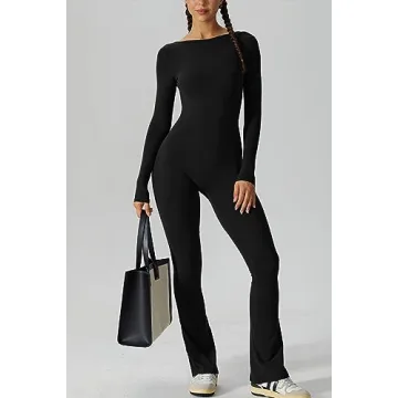 QINSEN Women's Black Jumpsuit Flared Bottom Open Back