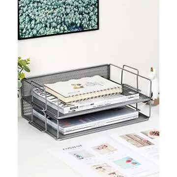 EasyPAG 2 Tier Stackable Letter Tray Desk Organizer | Stackable Paper Tray Organizer | The Mesh Collection ,Silver