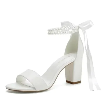 YWXYMGE Block Heel Wedding Shoes for Bride Women Chunky Heeled Sandals Pearl Bridal Shoes-Ivory-9.5