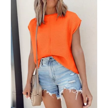 Saodimallsu Women's Casual Crew Neck Cap Sleeve Sweater