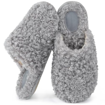 Snug Leaves Women's Furry Faux Wool Scuff Slippers - Cozy Memory Foam Indoor Shoes in Ash Gray