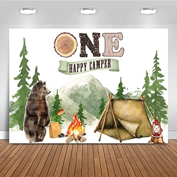 Mocsicka Camping 1st Birthday Backdrop Happy Camper First Birthday Party Background Bear Camping ONE...