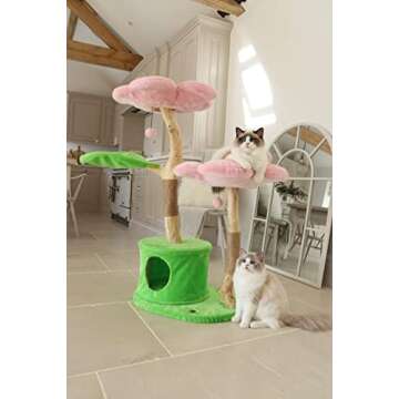 KBSPETS Wood Floral Cat Tree, Wooden Cat Tower, Modern Cat House, Cat Furniture, Cat Gift, Luxury Cat Condo, Flower Cat Tree (Cherry Blossom)