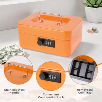 Cash Box with Money Tray and Combination Lock Metal Money Box Change Lock Box for Money 7.87" x 6.3" x 3.54" Orange