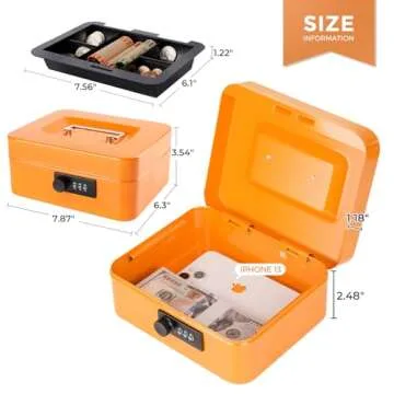 Cash Box with Money Tray and Combination Lock Metal Money Box Change Lock Box for Money 7.87" x 6.3" x 3.54" Orange