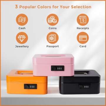 Cash Box with Money Tray and Combination Lock Metal Money Box Change Lock Box for Money 7.87" x 6.3" x 3.54" Orange