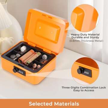 Cash Box with Money Tray and Combination Lock Metal Money Box Change Lock Box for Money 7.87" x 6.3" x 3.54" Orange