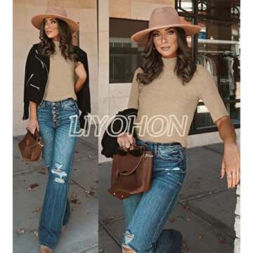 LIYOHON Womens Tops Dressy Casual Cute Tops Mock Turtleneck Business T Shirts Outfits 2025 Oatmeal-M