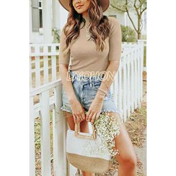 LIYOHON Womens Tops Dressy Casual Cute Tops Mock Turtleneck Business T Shirts Outfits 2025 Oatmeal-M
