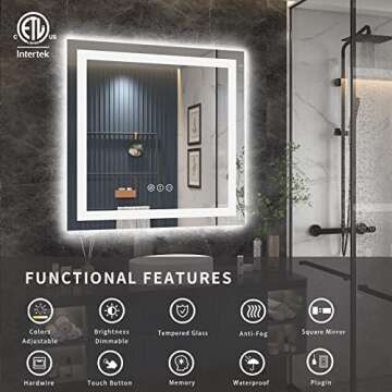 ODDSAN 36"x36" Lighted Mirror for Bathroom Wall, Vanity Mirror with Lights, Anti-Fog (Backlit and Fr...