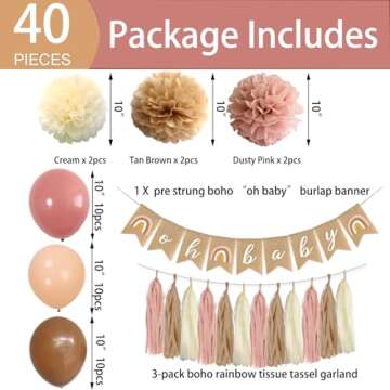 Dusty-Rose Pink Girl Baby-Shower Party-Decorations - Boho Flowers Pom Poms Tissue Tassel Garland Str...