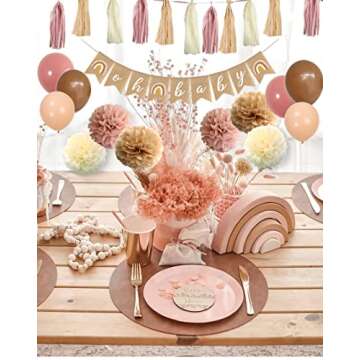 Dusty-Rose Pink Girl Baby-Shower Party-Decorations - Boho Flowers Pom Poms Tissue Tassel Garland Streamers Oh Baby Banner Beige Brown Balloons Backdrop Birthday Table Nursery Hanging Décor, 40 Pack