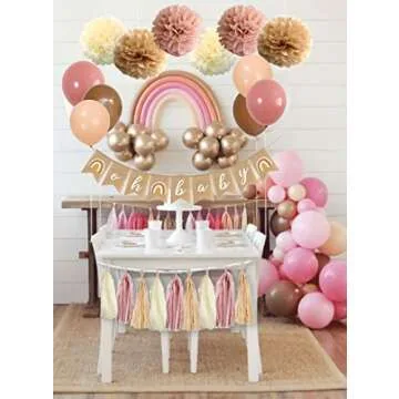 Dusty-Rose Pink Girl Baby-Shower Party-Decorations - Boho Flowers Pom Poms Tissue Tassel Garland Streamers Oh Baby Banner Beige Brown Balloons Backdrop Birthday Table Nursery Hanging Décor, 40 Pack