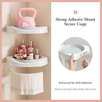 LAMU Corner Shower Caddy, 2 Pack Lazy Susan Shower Organizer, 360° Rotating Corner Shower Shelf with Towel Rack, No Drilling Wall Mounted Shelves for Bathroom, Dorm and Kitchen 10.24”x 10.24”x 1.85”
