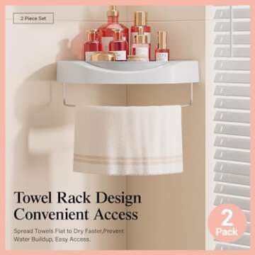 LAMU Corner Shower Caddy, 2 Pack Lazy Susan Shower Organizer, 360° Rotating Corner Shower Shelf with Towel Rack, No Drilling Wall Mounted Shelves for Bathroom, Dorm and Kitchen 10.24”x 10.24”x 1.85”