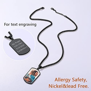 Customized Necklace Black Dog Tag Personalized for Men Picture Chain Photo Pendant Custom Circle Chain Image Print Memorial Gifts for Loss of Mother Father Keepsakes Military Jewelry Wheat Chain 22''