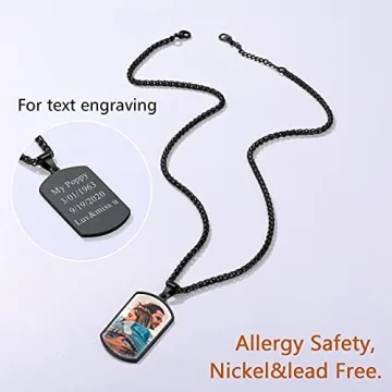 Customized Necklace Black Dog Tag Personalized for Men Picture Chain Photo Pendant Custom Circle Chain Image Print Memorial Gifts for Loss of Mother Father Keepsakes Military Jewelry Wheat Chain 22''