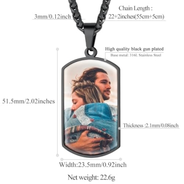 Customized Necklace Black Dog Tag Personalized for Men Picture Chain Photo Pendant Custom Circle Chain Image Print Memorial Gifts for Loss of Mother Father Keepsakes Military Jewelry Wheat Chain 22''